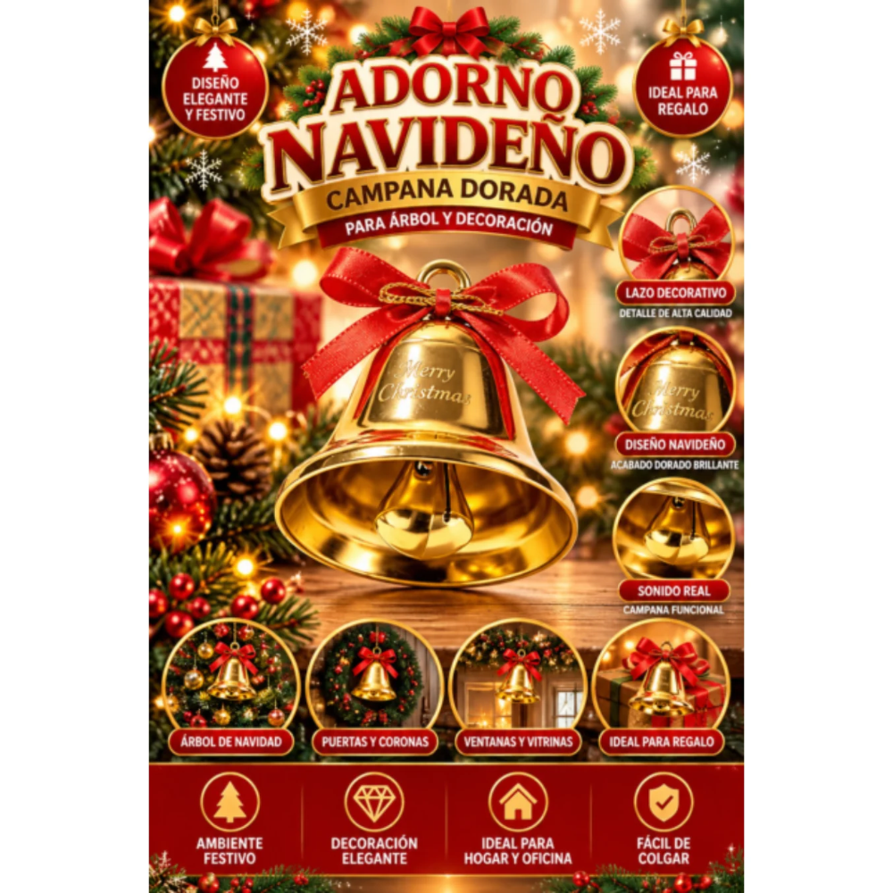 Diseño sin título - 2026-10-14T113613.404 Campana Navideña Dorada Árbol Navidad - Imagen 1